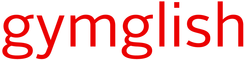 Roter Schriftzug „gymglish“ in serifenloser Schrift auf weißem Hintergrund, Logo der Sprachlernplattform Gymglish
