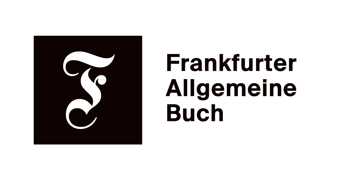 Schwarzes Logo mit weißem Frakturbuchstaben F und Schriftzug Frankfurter Allgemeine Buch auf schwarzem Hintergrund